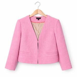 J Crew Maritime Tweed Jacket Womens Size 12 Pink Wool Blend Cropped Lined Preppy